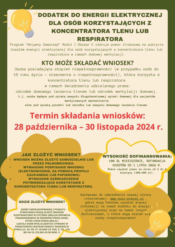 Plakat DODATKU DO ENERGII ELEKTRYCZNEJ
DLA OSÓB KORZYSTAJĄCYCH Z
KONCENTRATORA TLENU LUB
RESPIRATORA